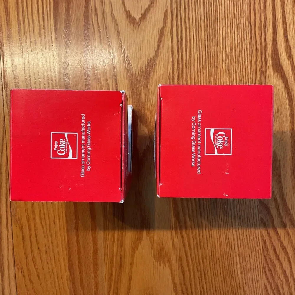 2 VTG Coca-Cola Classic Christmas Santa Ornament 1960s - Corning Glass X-MAS